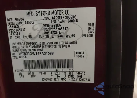 2004 Ford F-150 Stx/Xl/Xlt z USA, uszkodzony, nr VIN 1FTRX12W84FA31588